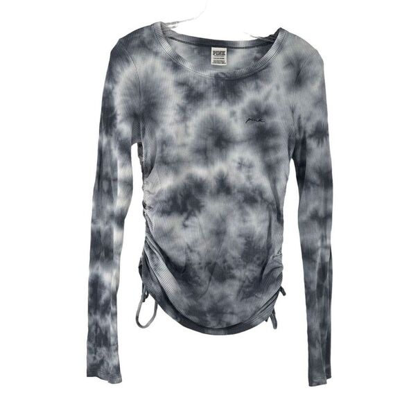 PINK Victorias Secret Tie Dye Long Sleeve Top Blue Cinched Size S Waffle Knit - Picture 1 of 11